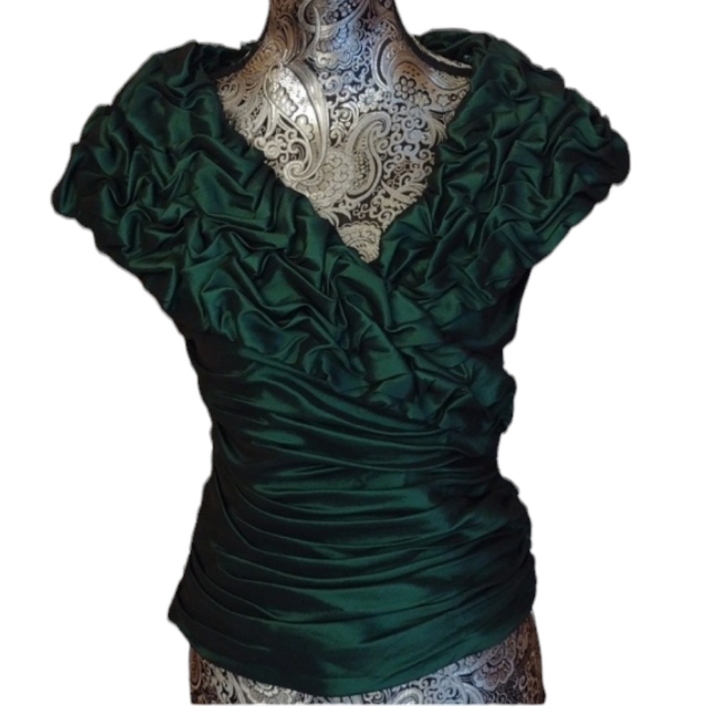 Cachet dark forest green ruched satin taffeta top